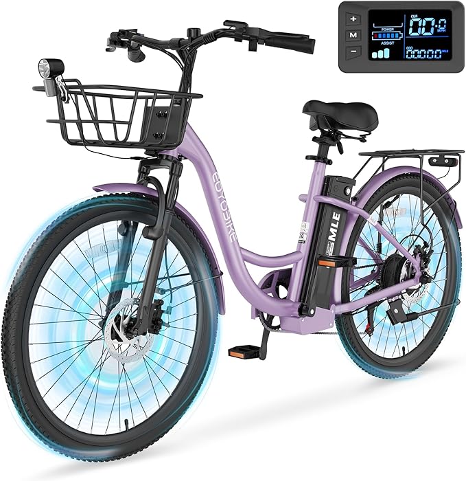 350W Electric Bike for Adults, 20MPH 7-Speed Commuter Ebike with 36V 10.4Ah Battery, Aluminum Frame, Front Suspension, Dual Disc Brakes, E Bicycle with Basket & Rear Rack, 330 lbs Load