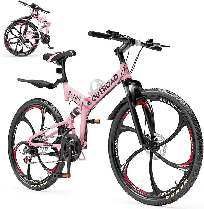 26 Inch Folding Mountain Bike, 21 Speed Full Suspension Bicycle Dual Disc Brake Non-Slip Quick Release tire for Adults Men Women(Balck/Pink/Green/Orange/White/Purple)
