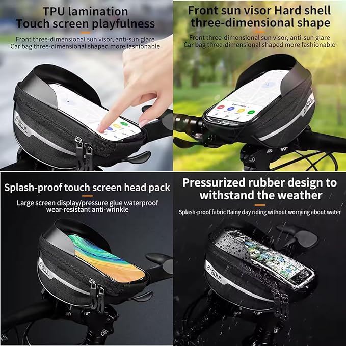 Bike Phone Front Frame Bag, Waterproof, Tube Case, Bicycle Phone Holder, Bike Handlebar Bag, Bicycle Accessories Compatible Cellphone Under 7.2”, Cycling Pouch with 6Pcs Glue-free Tire Patches