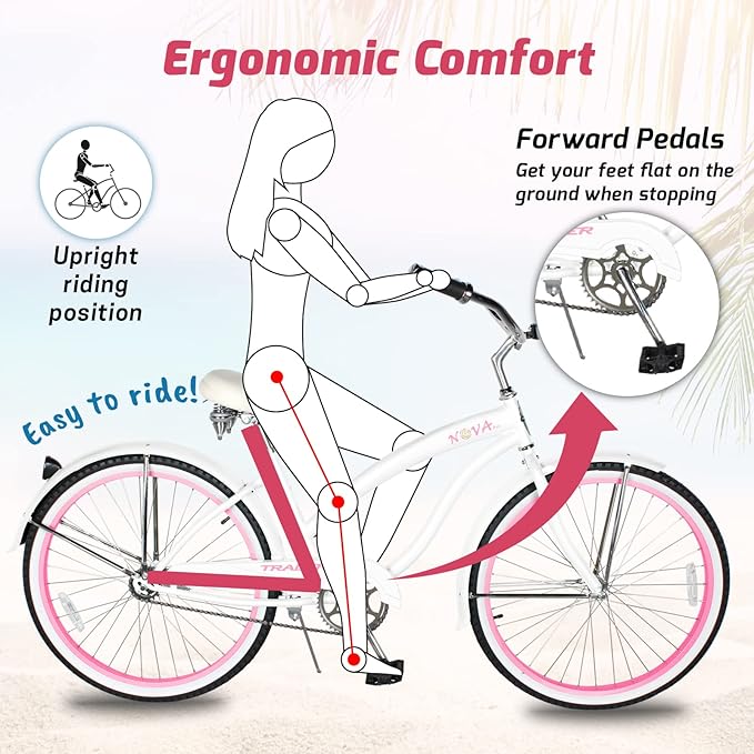 Tracer Nova Beach Cruiser Bike for Women,26 Inch Wheels,Hi Ten Steel Frame,1 Speed,Coaster Brake,Hybrid Bike for Adults,Complete Cruiser Bikes,White