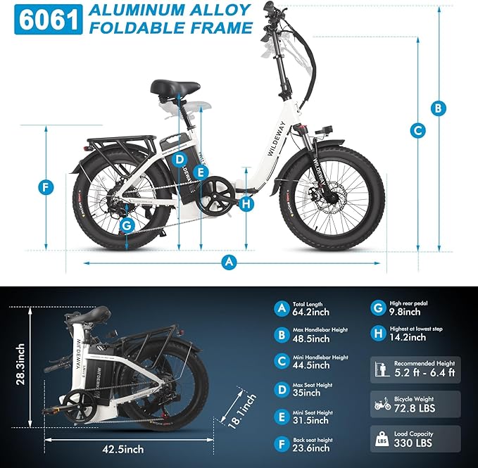 Wildeway Folding Electric Bike for Adults with 750W Motor 32Ah Battery Long Range FW11 Ebike 20 * 3.0 Fat Tire Foldable Adults Electric Bicycle for Men Women City Commuter Delivery 2 Seat