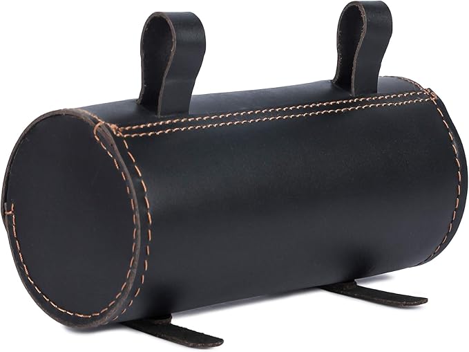M RUFOUS Genuine Leather Under Seat Handlebar Bicycle Bag - Black, Premium Handcrafted Bicycle Bag with Brass Buckle, Leather Bag for Cell Phone (Free Waterproof Cover)