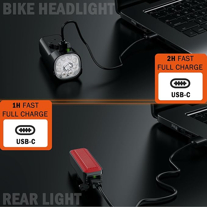 Bike Lights Kit 9LED Bike Headlights High & Low Beams, Ultra-Light and Bright Bicycle Lights, Waterproof Bike Lights for Night Riding, USB-C Bicycle Front and Rear Lights