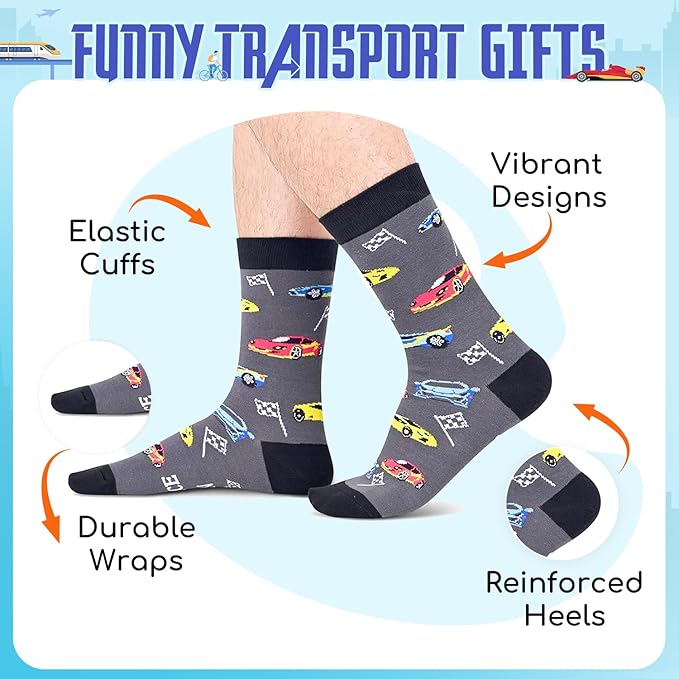 Zmart Transportation Gifts for Men Women - Airplane Cycling Race Car Socks for Adult