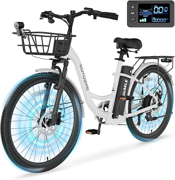 350W Electric Bike for Adults, 20MPH 7-Speed Commuter Ebike with 36V 10.4Ah Battery, Aluminum Frame, Front Suspension, Dual Disc Brakes, E Bicycle with Basket & Rear Rack, 330 lbs Load