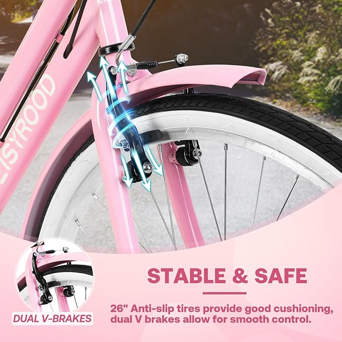 26 Inch Folding Beach Cruiser Bike for Women, 7-Speed Ladies Bike with Basket & Rack, Perfect for City Commuting's Bicycle, Ideal for Women and Adults