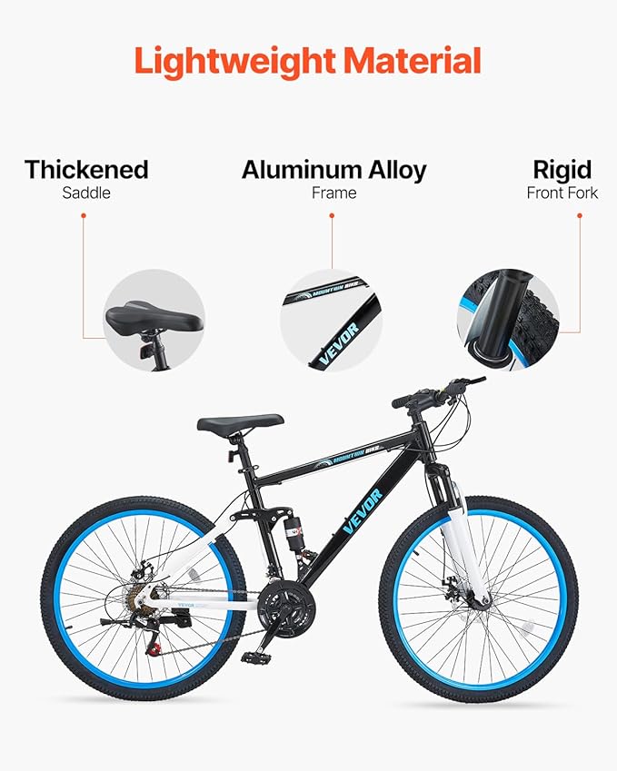 VEVOR Mountain Bike for Men/Women, 20"/26"/29" Sizes, 7/21/24 Speed Twist Shifting, Front or Dual Suspension, Dual Disc Brakes, Comfort Saddle, Sleek Colors