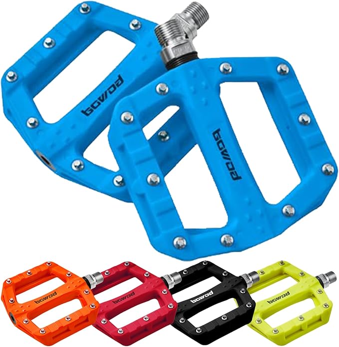 Flat MTB Bicycle Pedals Mountain Bike Colored Pedals, Glass-Fiber Nylon Composite Platform Pedal w 9/16" Sealed Cr-Mo Spindle, BMX Gravel Road Bike Pedals Clipless for Adult Women Youth Bikes
