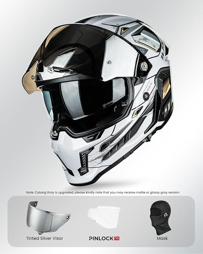 ILM Motorcycle Helmets for Adult Men Women Full Face DOT ECE Powersports Dual Visor Street Racing Helmet with Pinlock Cascos para Motos Model MF509 (Cyborg Gray, S)