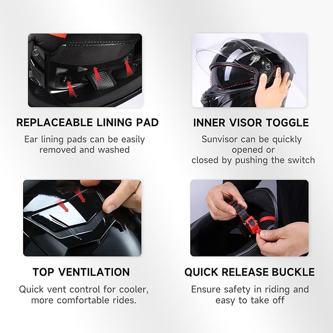 TCT-MOTORPARTS Adult Dual Visors Full Face Motorcycle Helmet Motorbike Racing Street Bike Helmets DOT Approved Gloss Black X-Large Size