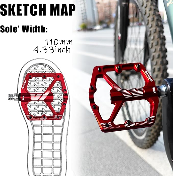 MTB Pedals Flat, Gravel Bike Pedals Flat, Light CNC Aluminum Alloy Platform Pedal w 3 Bearings Cr-Mo Spindle, Grippy Bicycle Pedals w 16pcs Pins, Mountain Bike Pedals Adult Child BMX Bike 9/16"