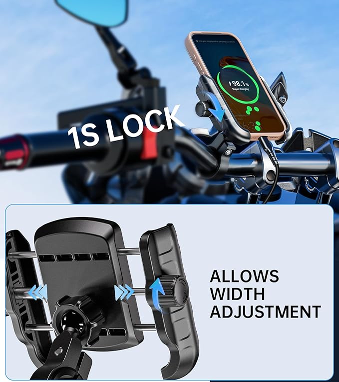 Kewig Motorcycle Phone Mount Holder with Aluminum Alloy Mounting Base, [1s Lock & Release] [Camera Friendly] Bike Handlebar Cellphone Mount for Bicycle Bike Scooter ATV, Fit 5.4-7.2" Smartphone