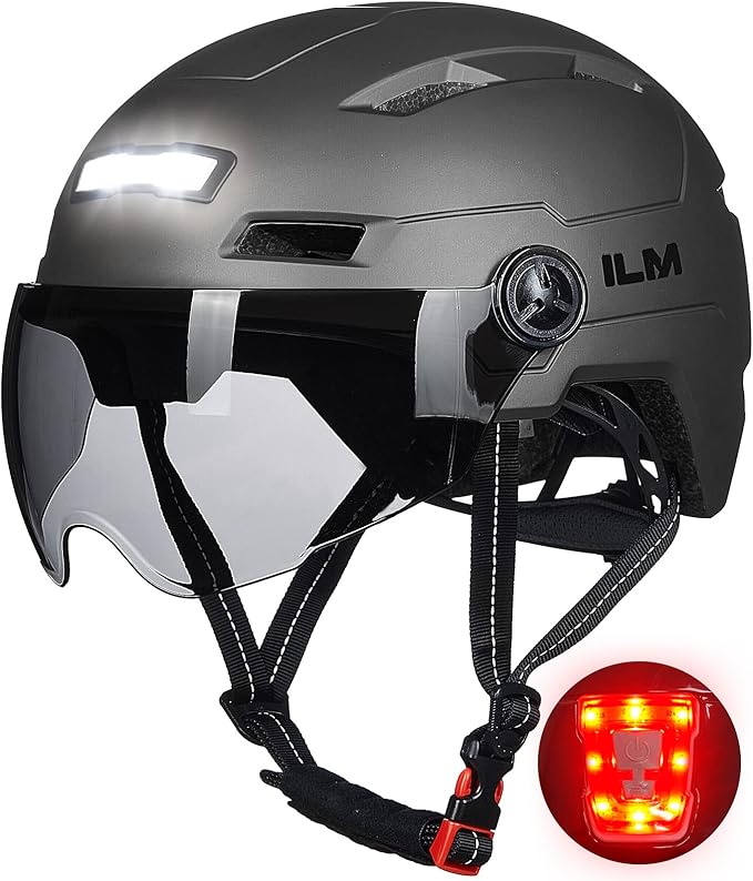 ILM Adult Bike Helmet with USB Rechargeable LED Front and Back Light Mountain&Road Bicycle Helmets for Men Women Removable Goggle Cycling Helmet E3-10L
