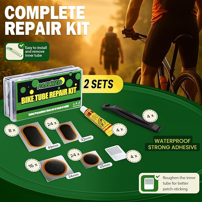 Bike Tube Patch Kit with Vulcanizing Patches - Assorted Sizes, Portable Bicycle Tire Repair Patches for Road, Mountain Bike, Scooter & Ebike Emergency