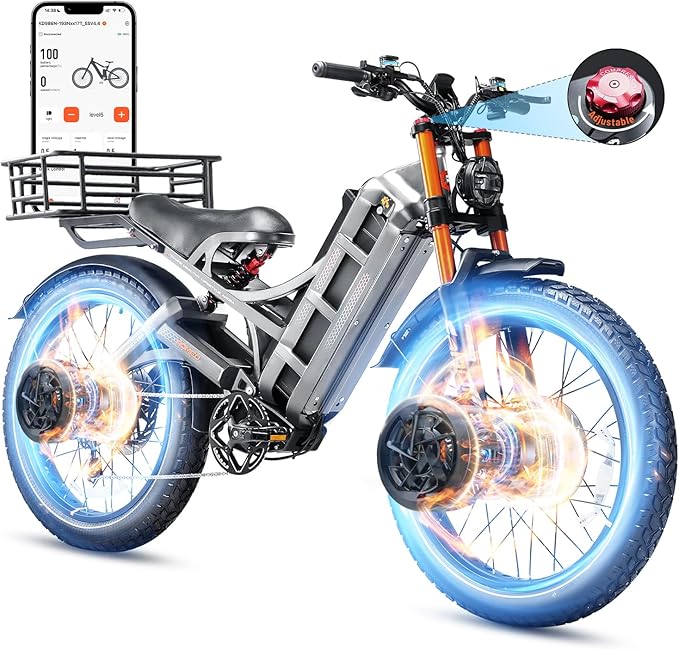 eAhora 2026 Romeo Pro 3 5600W 50Mph High-Torque Ebike, 60V 80Ah 250-Mile Long Range Electric Bike for Adults, Adjustable Air Suspension, 26'' Puncture-Proof Tire, UL 2849 Certified by TÜV