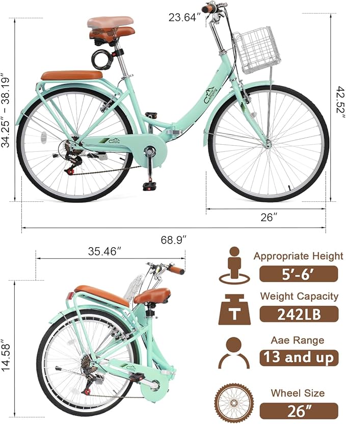 24/26 Inch Foldable Bike Folding Bicycle, 7 Speed Beach Cruiser Bike with Lock, Comfort Back Seat, Foldable Basket & Ergonomic Upright Frame, Cruiser Bicycle for Adults