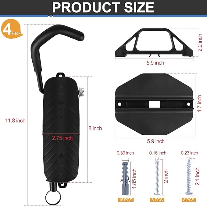Wall Mounted Bike Rack for Indoor Storage - Heavy Duty 150° Swivel, No Drill Space Saving Design, Fits MTB/Road/E-Bikes & Hybrid, Anti-Slip Stopper (4-Pack, Black)