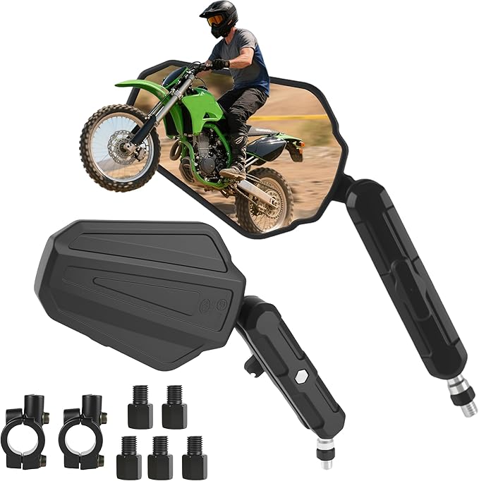 Adventure Motorcycle Mirrors, VOUTRAK Universal Convex Rear View Mirror, M8 M10 Bolt & 7/8" Handlebar Mount, Foldable, Ball Joint, 360° Adjustable, Anti-Vibration for Dirt Bike, ATV, Scooter, Ebike