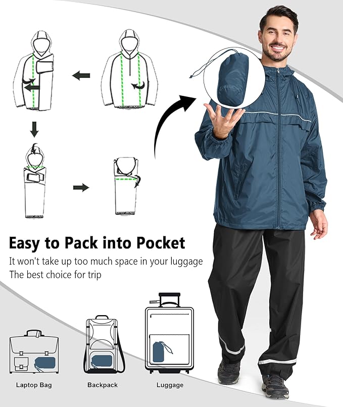 GEEK LIGHTING Rain Jacket Men Lightweight Waterproof Jackets Packable Windbreaker Hooded Raincoat for Golf Cycling Outdoor
