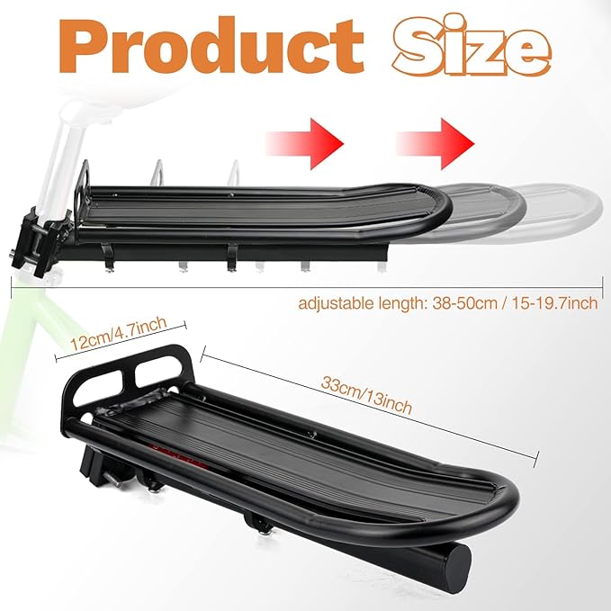ZUKKA Rear Bike Rack Adjustable Aluminum Alloy Bicycle Cargo Rack with Quick Release Clamp Includes Tie Straps