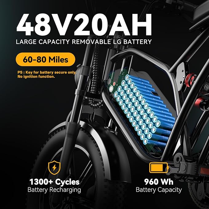 Electric Bike for Adults 1500W Peak 20" Fat Tire All-Terrain E-Bike 80 Miles 30MPH Electric Dirt Bike for Road Sand Mountain Snow - 48V 20/30AH Battery Powered Electric Motorcycle