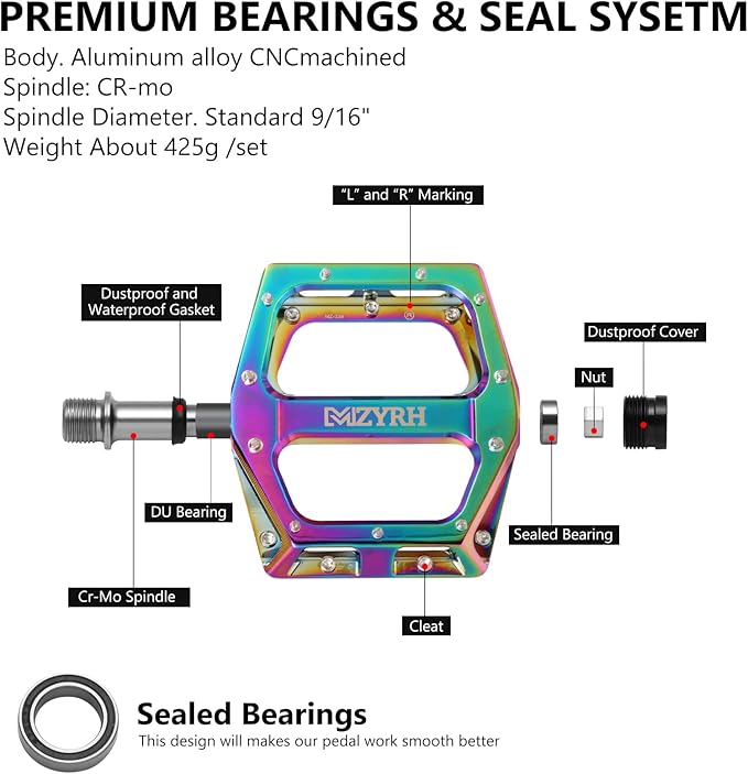 MZYRH Road/Mountain Bike Pedals MTB Pedals Aluminum Alloy Bicycle Pedals 9/16" Sealed Bearing Lightweight Platform for Road Mountain BMX MTB Bike