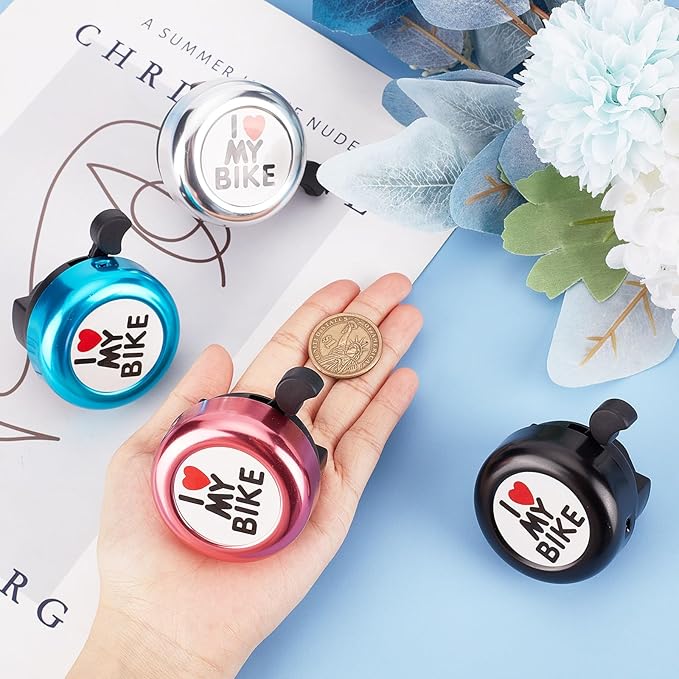 CREATCABIN I Love My Bike Bicycle Bell Aluminum Alloy Bike Bells Ring Round Pink Loud Sound Cycling Handlebars Bells with 4Pcs Resin Stickers