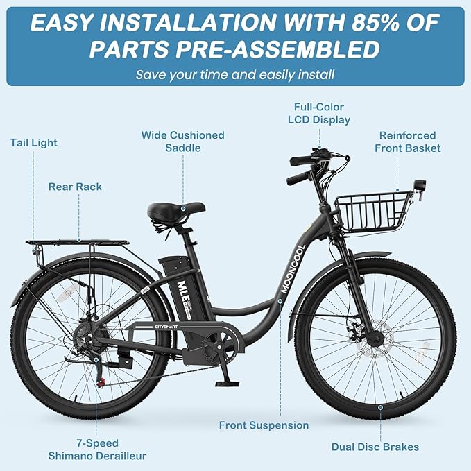 LILYPELLE Electric Bike for Adults, 700W Peak Power Commuter Ebike with 36V 10.4Ah Removable Battery, 7-Speed 24'' 26'' Tires City Cruiser Ebike E-Bicycle