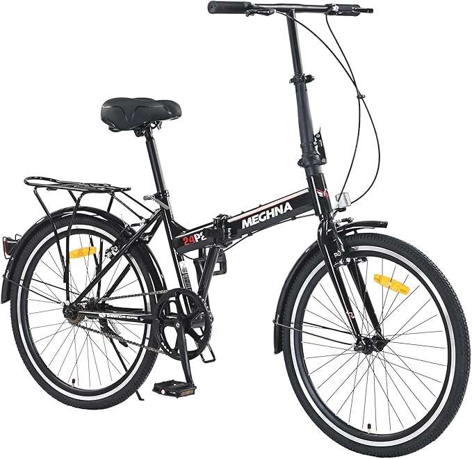 24" Folding City Bikes Steel Frame 7 Speed Folding Bikes,Lightweight Folding Bikes，Folding Commuter Bike for Adults/Men/Student，Bike with Rear Rack，Adjustable Stem，3 Colors