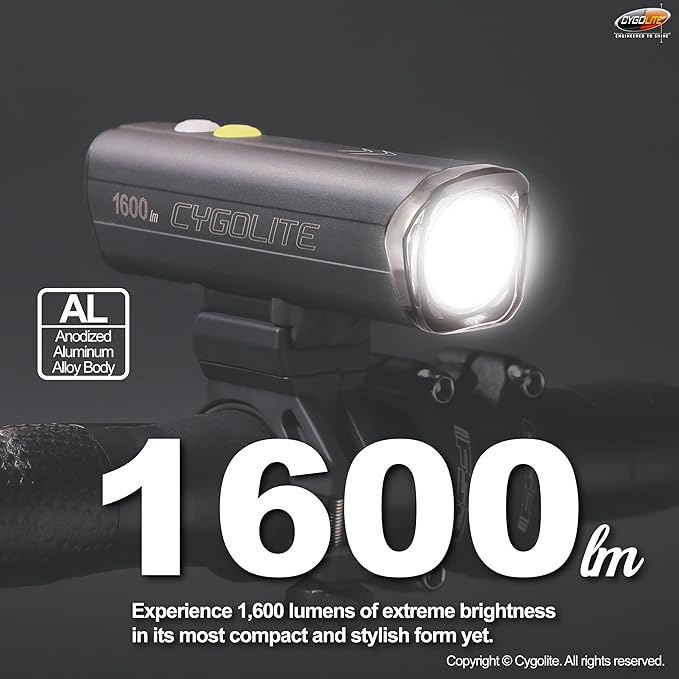 Cygolite Velocity 1600, 1200, 1000, 800 Lumen USB-C Bike Lights – Anodized Aluminum Alloy – 9 Light Modes – Fine Tunable Brightness - Compact, IP67 Waterproof – Hard Mount – Road & Mountain
