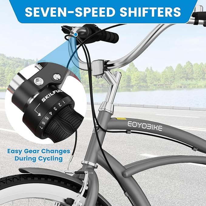 MOPHOTO 24" 26" Adult Bike 7-Speed Beach Cruiser Bike for Adults, Rear Rack, Fenders, Step-Through or Classic Frame