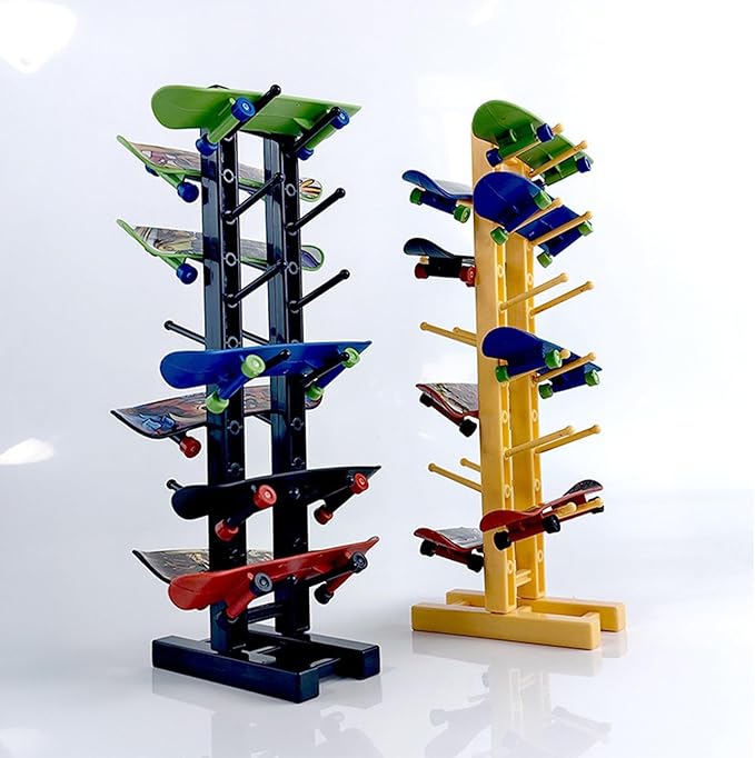 Hobby Fans Mini Finger Skateboard Display Rack 12 Slots Fingerboard Organizer Stand Storage Holder for Mini Finger Toys Soccer Bicycle Skateboard (Black & Yellow)