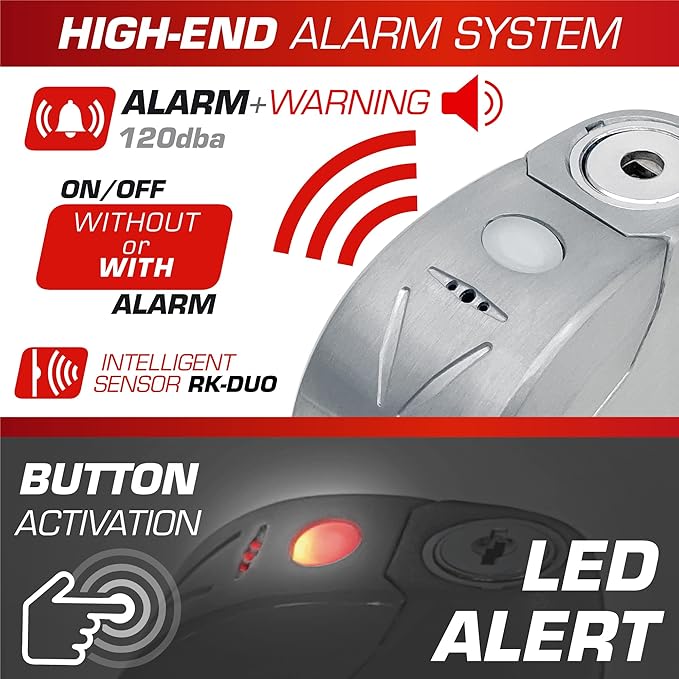 RADIKAL RK9Z Disc Lock with Premum Alarm 120db ON/OFF, LED Night Alert, Warning Pre-Alarm, 100% Waterproof, Full Metal Heavy Duty Brake Lock Universal Anti Theft Device for Motorcycle, E-Bike, Bicycle