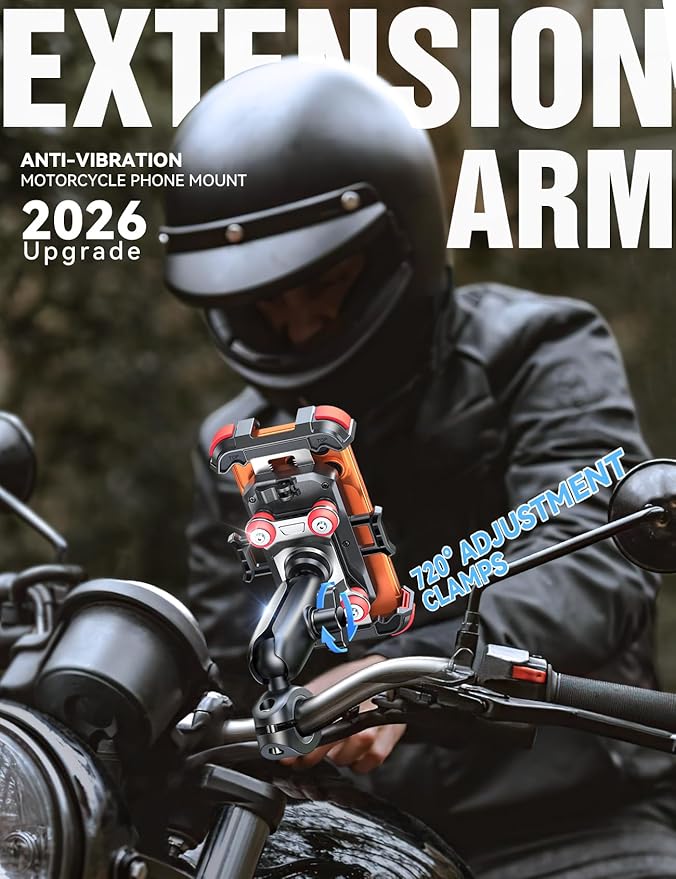 JOYROOM Motorcycle Phone Mount Holder - [Dual Vibration Dampener] [Metal Adjustment Arm] Motorcycle Cell Phone Holder Mount, Bike Bicycle Handlebar Phone Mount for All 4.7''-7'' Cell Phones, Red