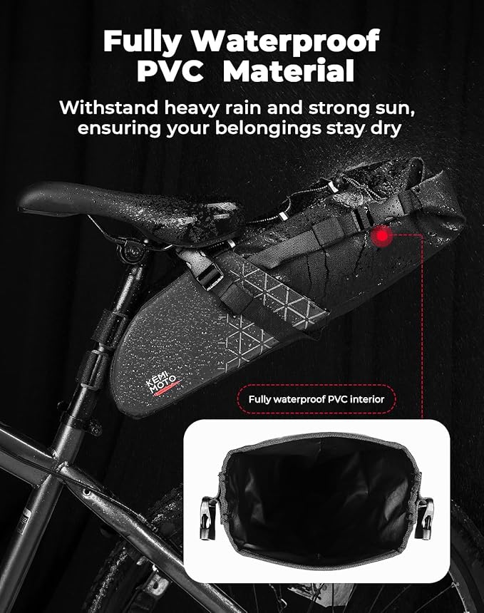 KEMIMOTO Bike Saddle Bag, Bike Seat Bag Expandable 11L-13L Fully Waterproof Bikepacking Pouch, Night Safety Reflective Strips, Bicycle Seat Bag With PVC Reflective Panel Max