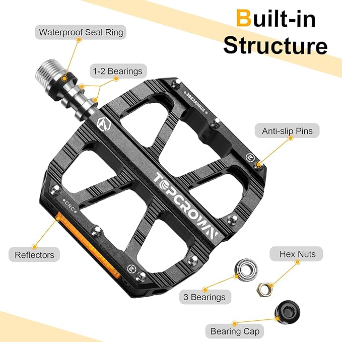 Mountain Bike Pedals with Reflectors, Aluminum Metal Bicycle Flat Pedals 9/16" - 3 Sealed Bearings, Non-Slip Wide Platform with Removable Pins for MTB, Road Bike, BMX, Ebike