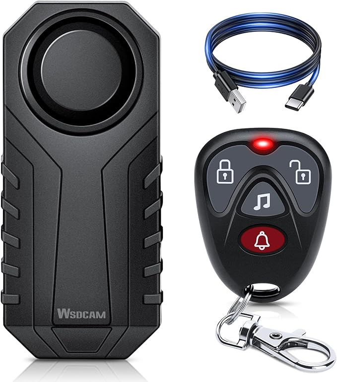 WSDCAM Wireless Bike Alarm with Remote, Rechargeable 113dB Loud Bicycle Alarm System Anti Theft, IP65 Waterproof, Bike Alarms for E-Bikes, Motorcycles, Scooter, Outdoor Riding and Cycling Safety