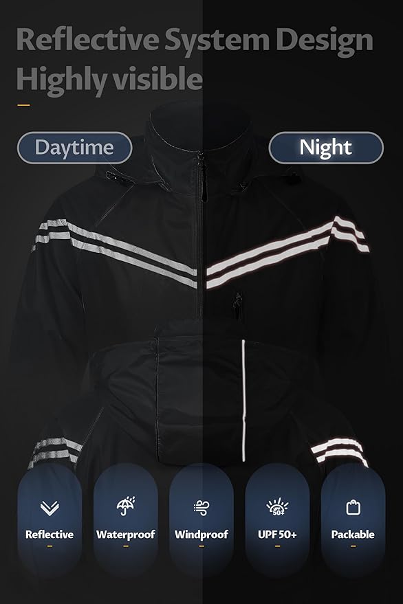 CREATMO US Men's Packable Waterproof Running Rain Coats Reflective Cycling Jacket Windbreaker With Removable Hood