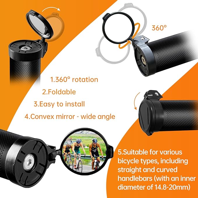 Bike Mirror, Mini Road Bike Mirrors, 360° Rotatable Folding Bicycle Rear View Mirrors for MTB, Universal Bicycle Mirror for Handlebars (Left 0.58-0.79")