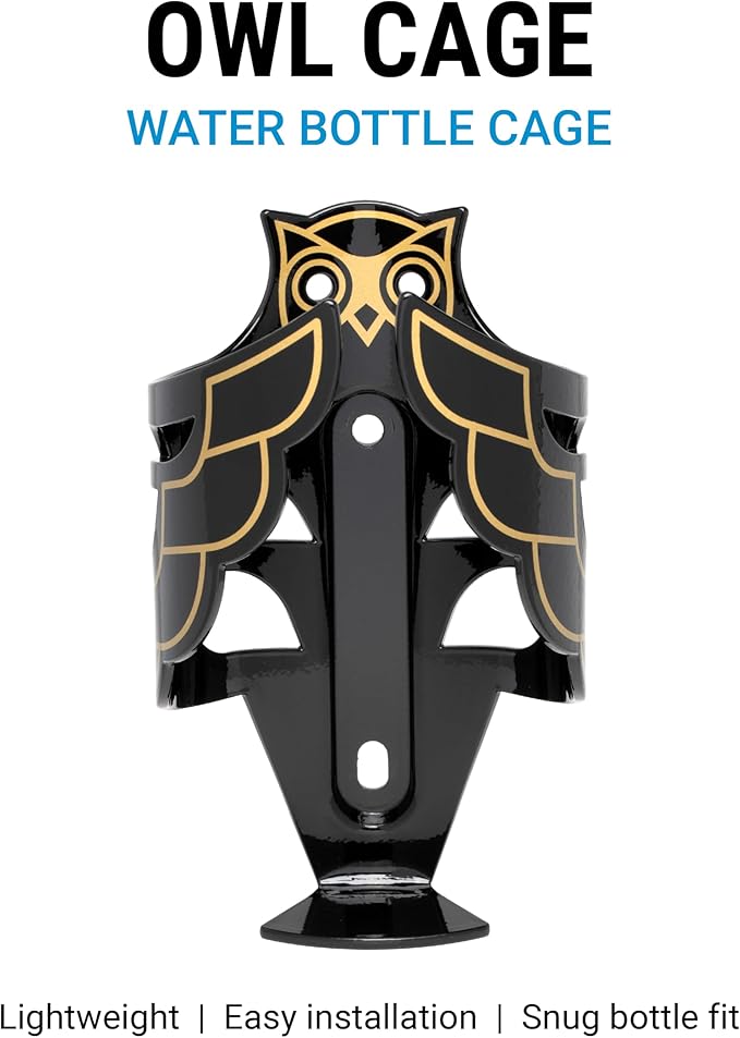 Portland Design Works Water Bottle Cage - Lightweight Water Bottle Holder for Bikes, Owl Cage, Black/Gold