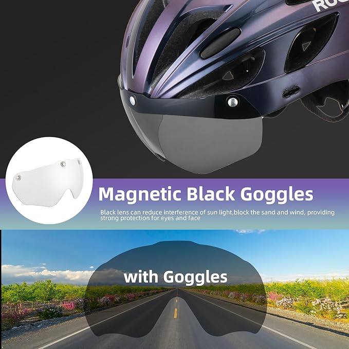 ROCKBROS Bike Helmet for Adult Men Women with Suggested Fit 58-65cm, Detachable Magnetic Goggles & Sun Visor, Lightweight with Adjustable Side and Chin Strap, Suitable for Myopia Glasses
