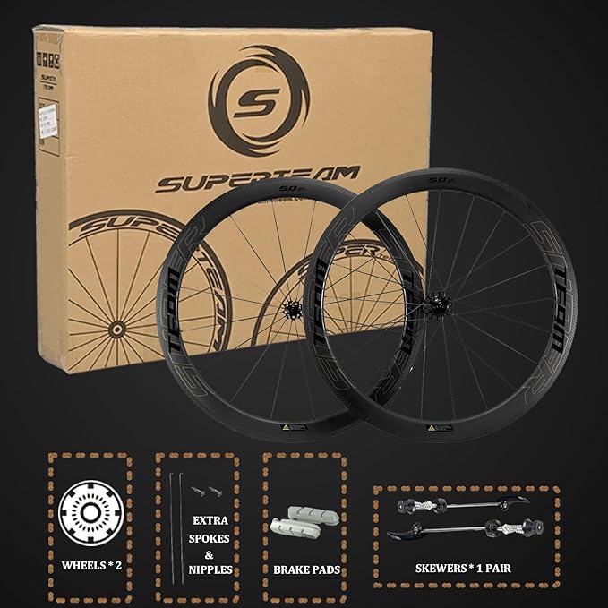 Superteam Carbon Wheelset 700c Rim V Brake 50mm Depth 25mm Width Road Bike Wheels Matte Finish, Tubeless Ready Support for 8-12 Speed Clincher & Tubeless