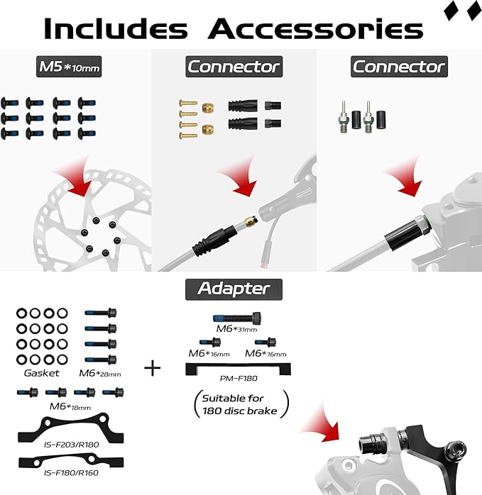 E-Bike Hydraulic Disc Brake Set 4-Pistons/2-Pistons,2-PIN/3-PIN Pre-Bled with Mineral Oil Brakes Kit,Front and Rear Set,180mm 2.3mm Thick Rotors