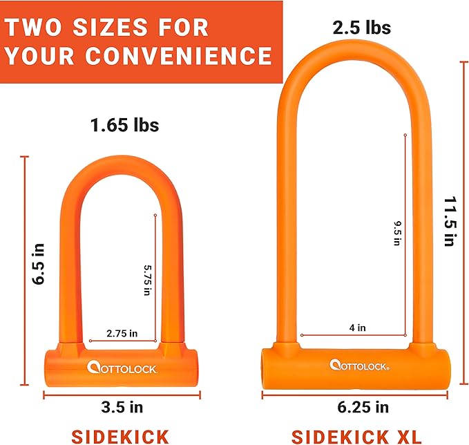 OTTOLOCK Sidekick Compact U-Lock - Heavy Duty Anti Theft Bicycle U-Lock with Keys, Silicone-Coated, Bike Accessories, Orange