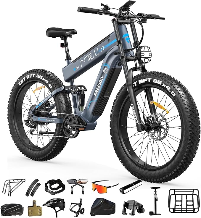 FREESKY Dual Battery 48V 41AH 160 Mile 40MPH Electric Bike for Adults, 4000W High-Torque Single Motor Long Range Fast Fat Tire Ebike, 26" Full Suspension Mountain E Bike, UL 2849 Certified by TÜV