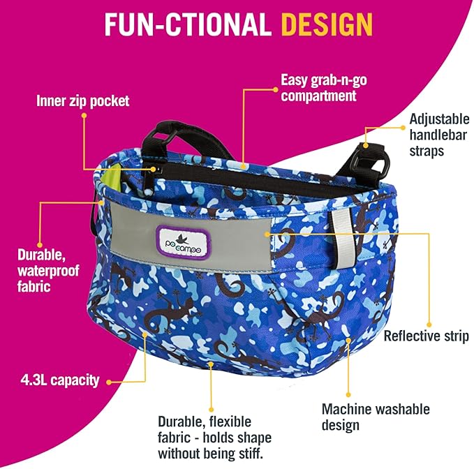 Po Campo Kids Bicycle Basket – Whoosh Bike Basket – Front Frame Handlebar Bag – Waterproof Fabric Bike Basket for Boys, Girls, Toddlers Bike or Scooter