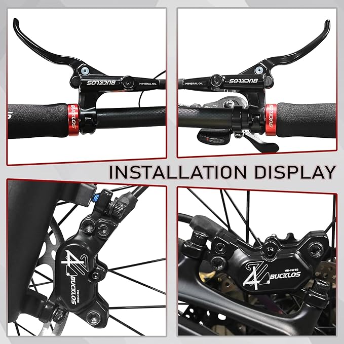 BUCKLOS MTB 4 Pistons Hydraulic Disc Brake Set, Mountain Bike Left Front 850 mm Right Rear 1630 mm Bicycle Disk Break Aluminum Alloy Caliper Lever for Ebike/Folding Bicycle/Fat Bike HD-M735(Pre-Bled)