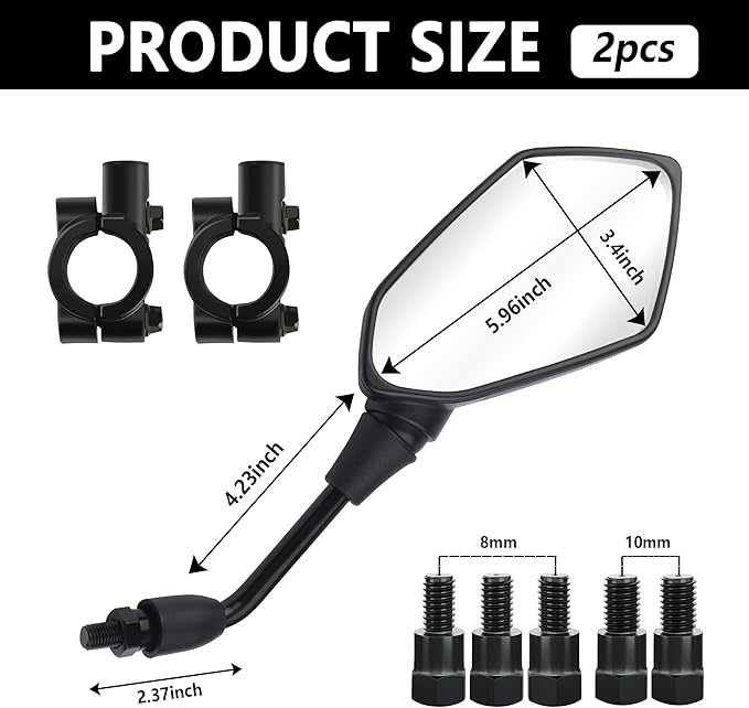 Motorcycle Mirrors with 8mm & 10mm Bolt,HD+360° Adjustable Motorcycle Mirrors for Handlebars,Motorcycle Accessories Wide Angle Rear View Mirror for Scooter,ATV,Dirt Bike (Black)