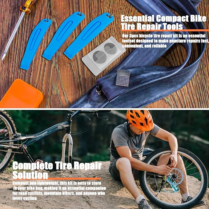 Bike Tire Repair Kit, 6Pcs Glueless Patches & 3Pcs Tire Levers with Metal Rasp, Compact Bicycle Inner Tube Patch Kit for Road & Mountain Bikes