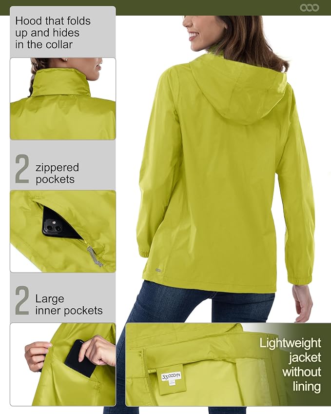 33,000ft Women's Rain Jacket Waterproof Lightweight Packable Raincoat with Hood for Golf Hiking Travel Windbreaker